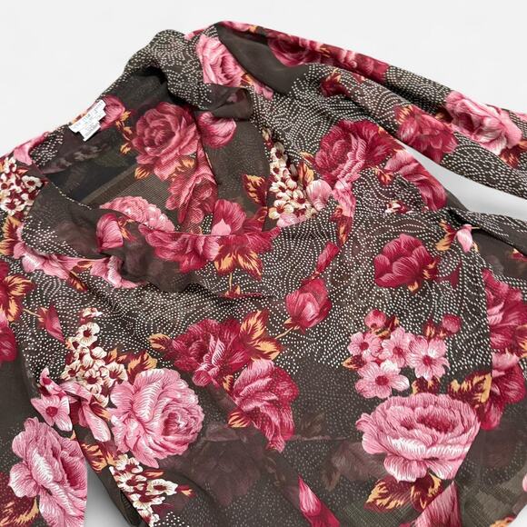 VTG 90s Lew Magram Dark Brown Sheer Mesh & Pink Floral Polka Dot Wrap Top - Picture 7 of 8